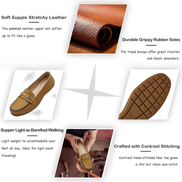 Kordal Women's Brown Leather Gold Accent Buckle Slip-Ons Walking Flats Loafers - Picture 3 of 9